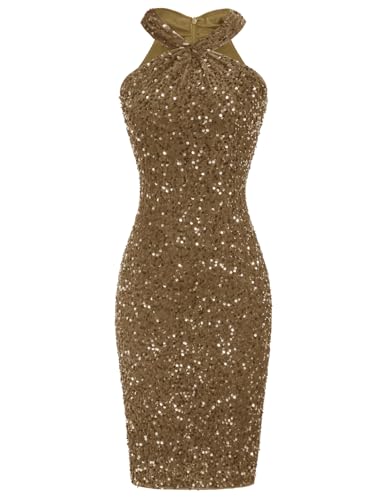 Women Sparkly Sequin Dress Bodycon Party Dress Brown New Year Eve Outfit Velvet Sequin XL