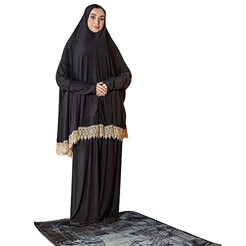 Women's Prayer Dress 2 Pieces Lycra Solid Color Plus Long Sleeve | One-Size | Hijab Abaya Suit (Black)