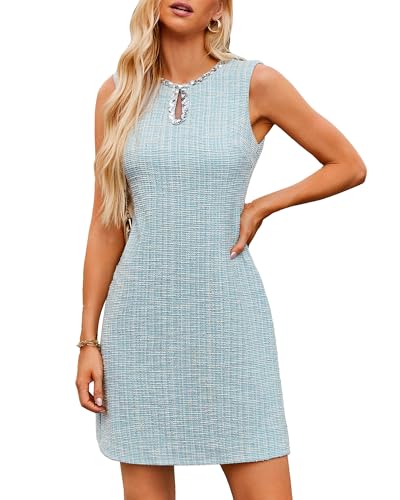 Womens Tweed Dress Sleeveless Elegant Vintage A Line Business Mini Work Dresses Blue L