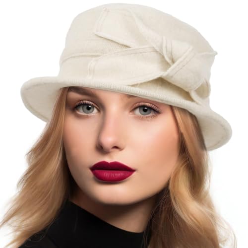 Women Vintage Felt Bucket Hat Winter Wool Dress Beret Hat (C021-Cream)