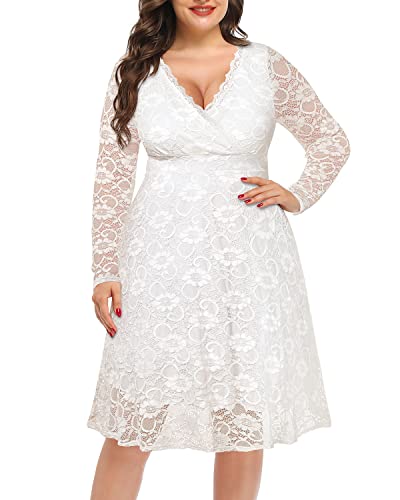 Women Wedding Dresses Bride Plus Size White Lace Wrap V Neck Bridal Shower Ivory Cocktail Formal Party Church Fall Dress