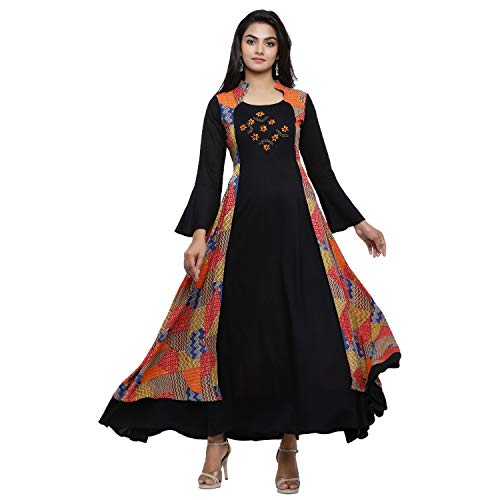 Yash Gallery Women's Jacket Style Indian Anarkali Kurta for Women (Black, L)