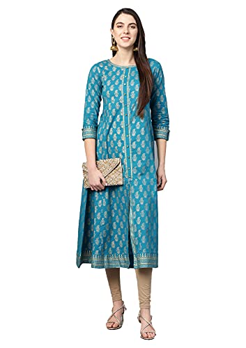 Yash Gallery Women's Plus Size Indian Cotton Gold Printed Anarkali kurta for Women (Teal)