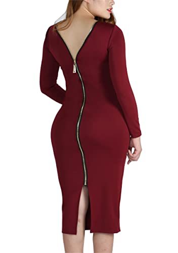 YMING Sexy Club Dress for Women Zipper Back Dress Solid Color Plus Size Dress Red XL