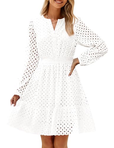 ZESICA Women's 2024 Long Sleeve Mini Dress Fall V Neck Hollow Out Eyelet Embroidery Ruffle A Line Swing Short Dresses,White,Large