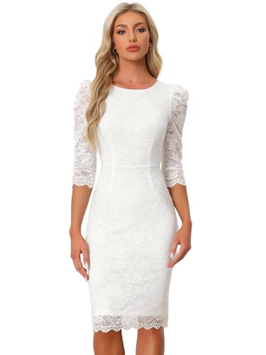 Allegra K Women's Elegant Lace Dress 3/4 Sleeve Business Wedding Guest Cocktail Bodycon Dress Small White