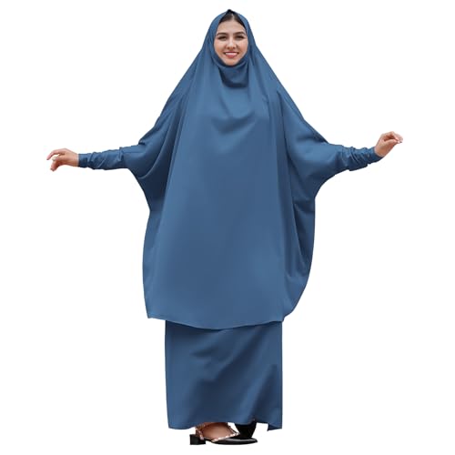 Burkas for Women Muslim Hijab Dress Abayas for Women Muslim Saudi Full Cover Two-piece Prayer Dress Hijab Scarf Full Length Islamic Abaya Set Jilbab for Muslim Women Blue One Size