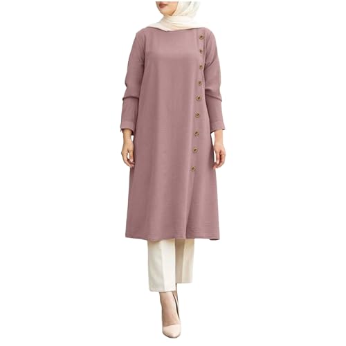 Generic Women's Muslim Long Sleeve Button Down Abaya Casual Dress Dubai Outfits Two Piece Dress for Women Formal Long (Pink, XL), X-Large