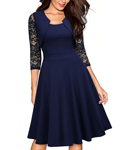 Miusol Women's Vintage Square Neck Floral Lace 2/3 Sleeve Cocktail Swing Dress, Navy Blue, X-Large