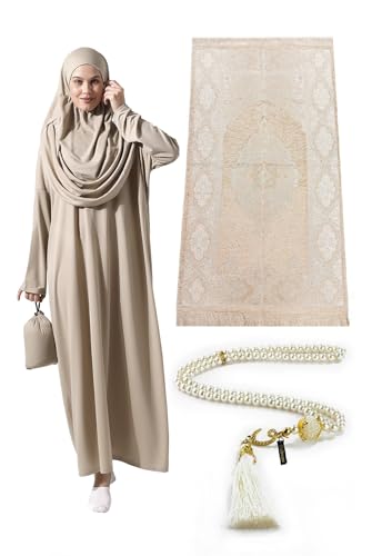 Muslim Dresses for Women, One-Piece Long Sleeve Islamic Prayer Dress with Prayer Rug & Beads, Abaya Prayer Set, Islamic Gift Set for Women, Mink, Standart Sizes: 2-12 (XS-XXL)