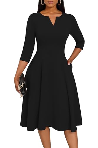 Nmoder Midi Dresses for Women A-Line Fit and Flare Casual Dress 3/4 Sleeve V Neck Cocktail Wedding Guest Work Dress with Pockets Black L