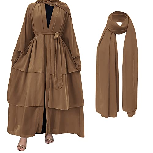 Women Muslim Cardigan Dress Chiffon Dubai Open Front Kimono Abaya Robe Middle East Arabian Robe Caftan Islamic Dress Loose Fit Full Cover Casual Ruffle Sleeve Robe with Belted Brown Large