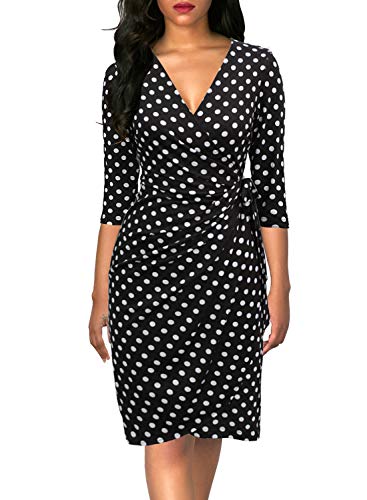 Berydress Women's Classic 3/4 Sleeve V Neck Sheath Casual Party Work Faux Black Wrap Dress (M, 6083-Black Dot)